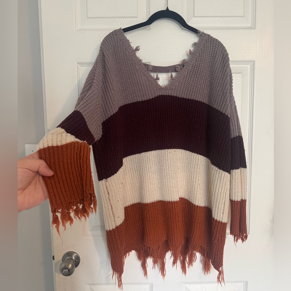 Colorblock Frayed  Sweater